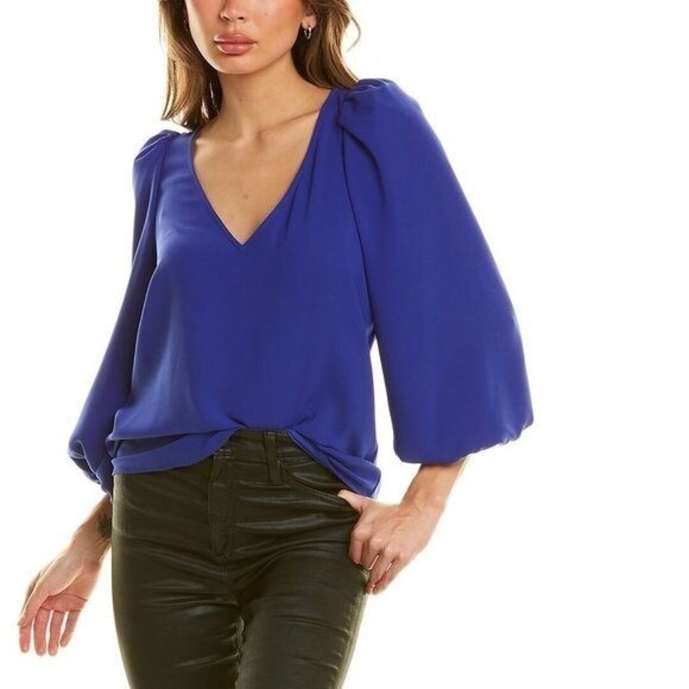 Trina Turk Women's Danise 3/4 Puff Balloon Sleeve V-Neck Blouse Royal Blue Sz XS